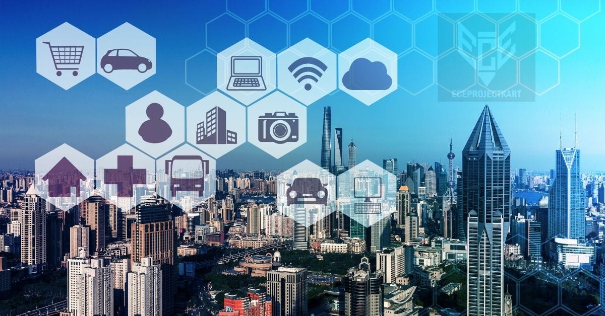 Smart city infrastructure with IoT technology integrating sensors, smart meters, and AI for real-time data processing, enhancing urban living efficiency and sustainability.