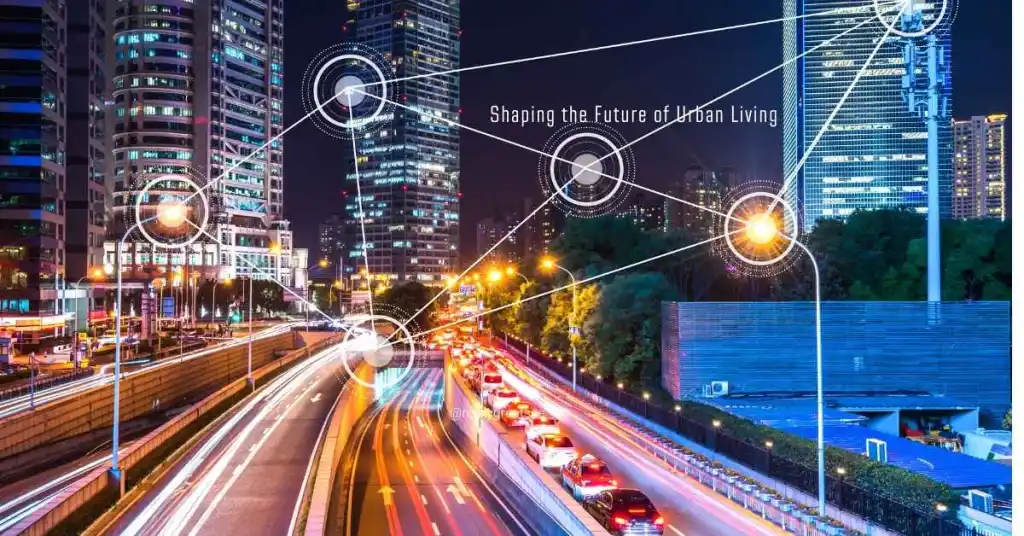 Smart city powered by IoT sensors, including environmental, traffic, energy, waste management, and public safety sensors, enhancing urban efficiency and sustainability.