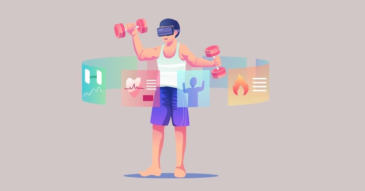 Illustration of wearable technology and it's applications in healthcare, such as Tracks Health in Real Time, Encouraging Fitness and Helping Recovery.