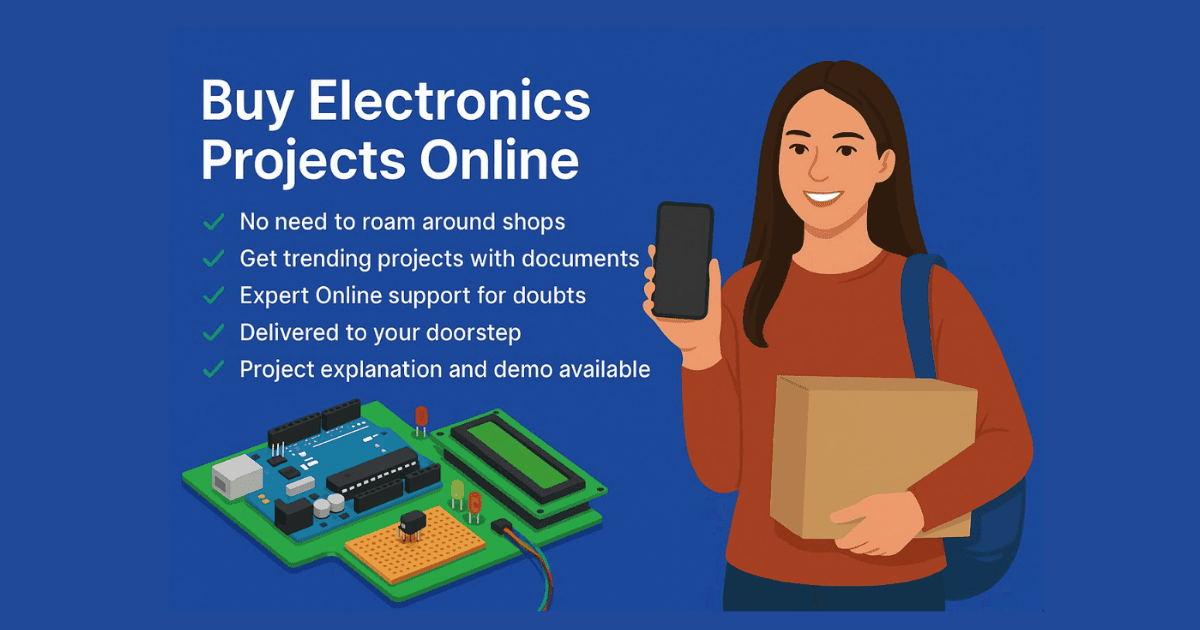 Female student holding electronics project package and smartphone – Buy electronics projects online in Pune with doorstep delivery and expert support