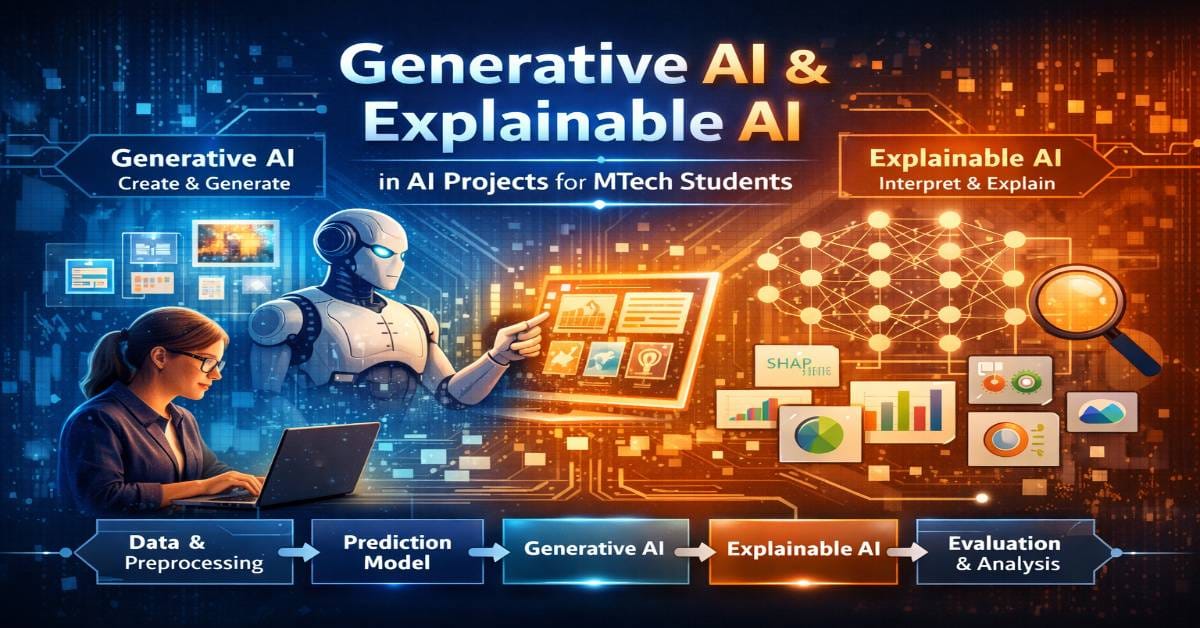 Generative AI and Explainable AI architecture in AI projects for MTech students showing prediction model, data preprocessing and explainability layer