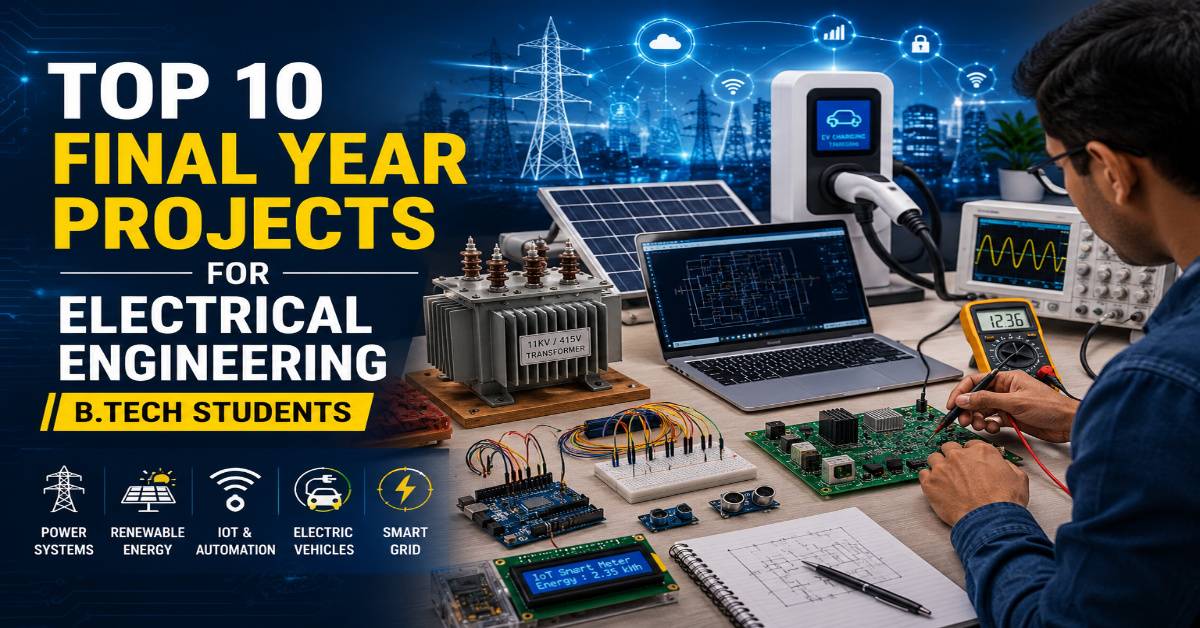 Electrical engineering final year project ideas for B.Tech students including IoT, solar energy, EV charging, and smart grid technologies.