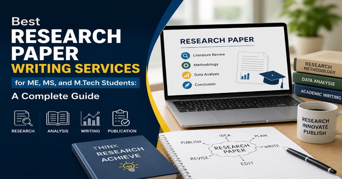 Research paper writing services for ME, MS and M.Tech students with research process illustration